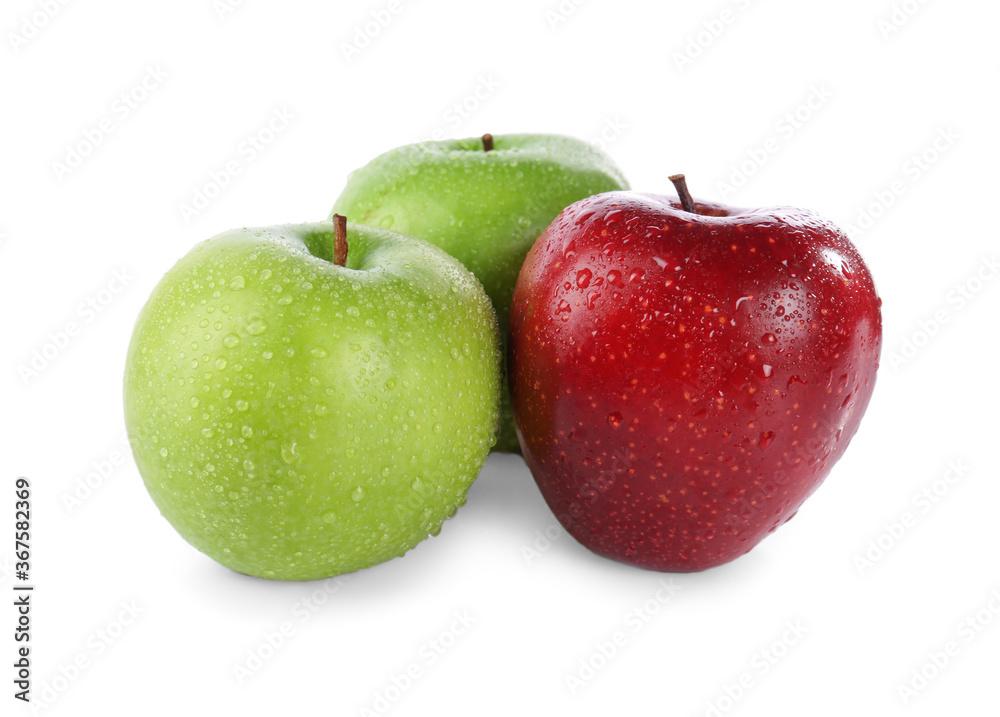 Fresh juicy green and red apples with water drops isolated on white Fresh juicy green and red apples with water drops isolated on white