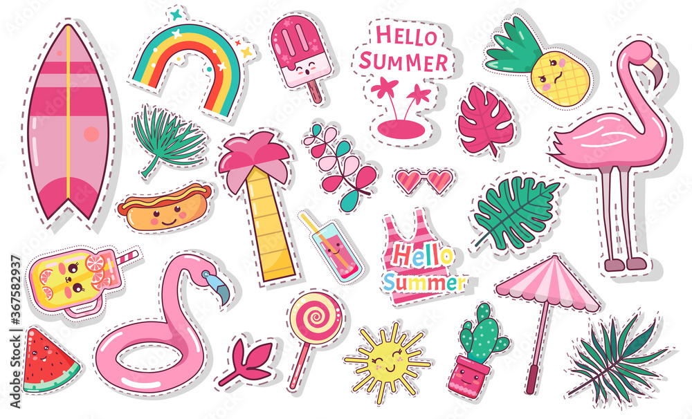 Set of cute summer icons: food, drinks, palm leaves, fruits, ice cream and flamingo. Bright summertime poster. Collection of scrapbooking elements for beach party slogan text phrase hello summer love Set of cute summer icons: food, drinks, palm leaves, fruits, ice cream and flamingo. Bright summertime poster. Collection of scrapbooking elements for beach party slogan text phrase hello summer love
