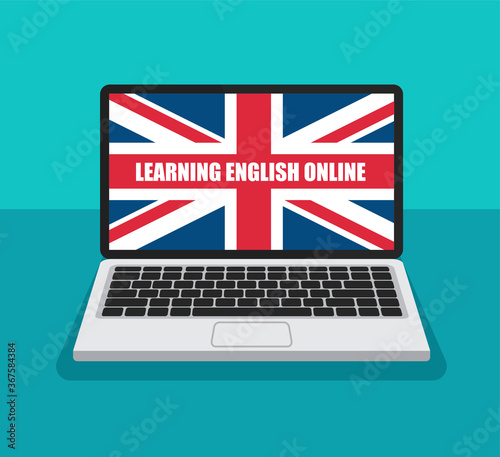 Learning English online. Great Britain flag on a laptop display in a trendy flat style. Front view. Summer English courses concept. Vector illustration.