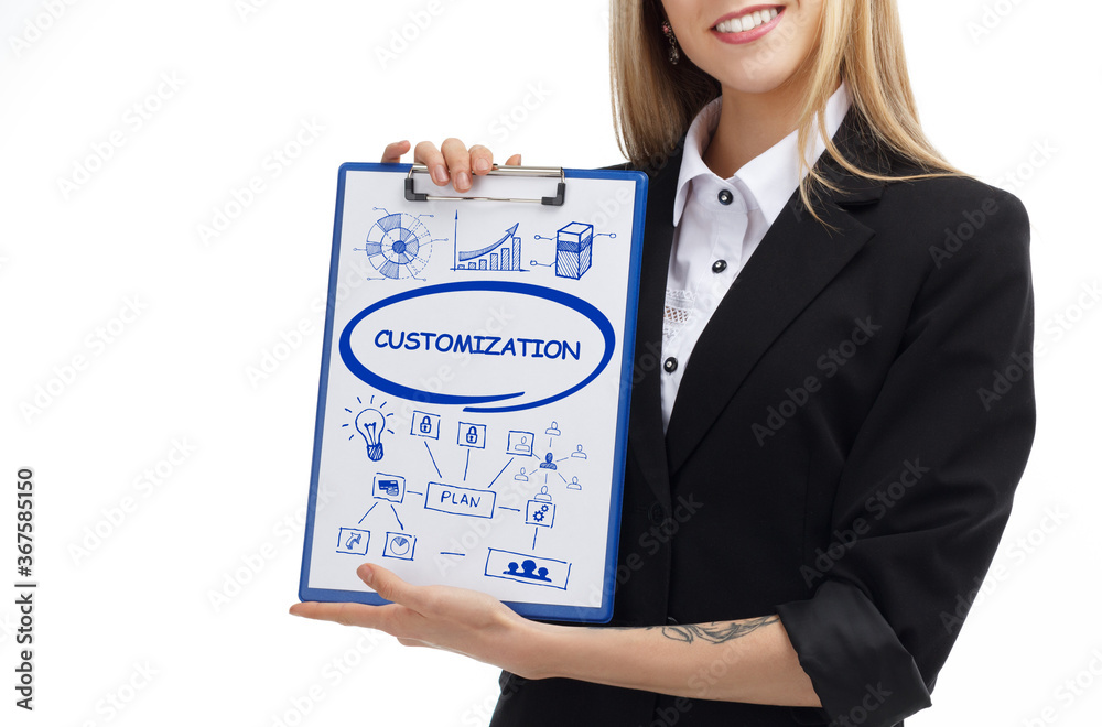 Business, technology, internet and network concept. Young businessman thinks over the steps for successful growth: Customization