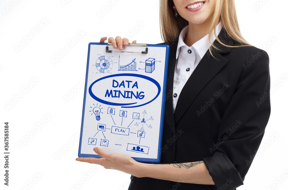 Business, technology, internet and network concept. Young businessman thinks over the steps for successful growth: Data mining