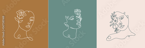 Set of Abstract minimalistic female portrait. Vector fashion illustration in a trendy linear style. Elegant art. For posters, tattoos, logos of underwear stores
