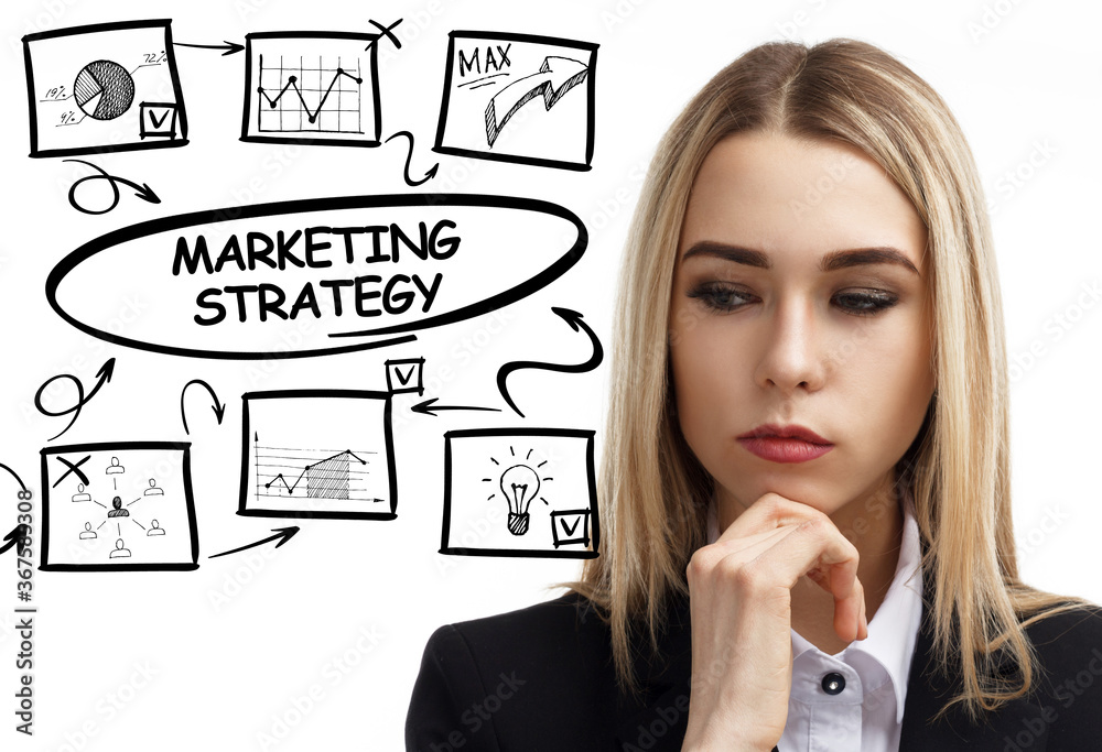 Business, technology, internet and network concept. Young businessman thinks over the steps for successful growth: Marketing strategy Business, technology, internet and network concept. Young businessman thinks over the steps for successful growth: Marketing strategy