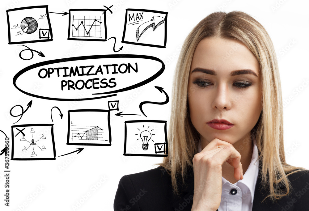 Business, technology, internet and network concept. Young businessman thinks over the steps for successful growth: Optimization process Business, technology, internet and network concept. Young businessman thinks over the steps for successful growth: Optimization process
