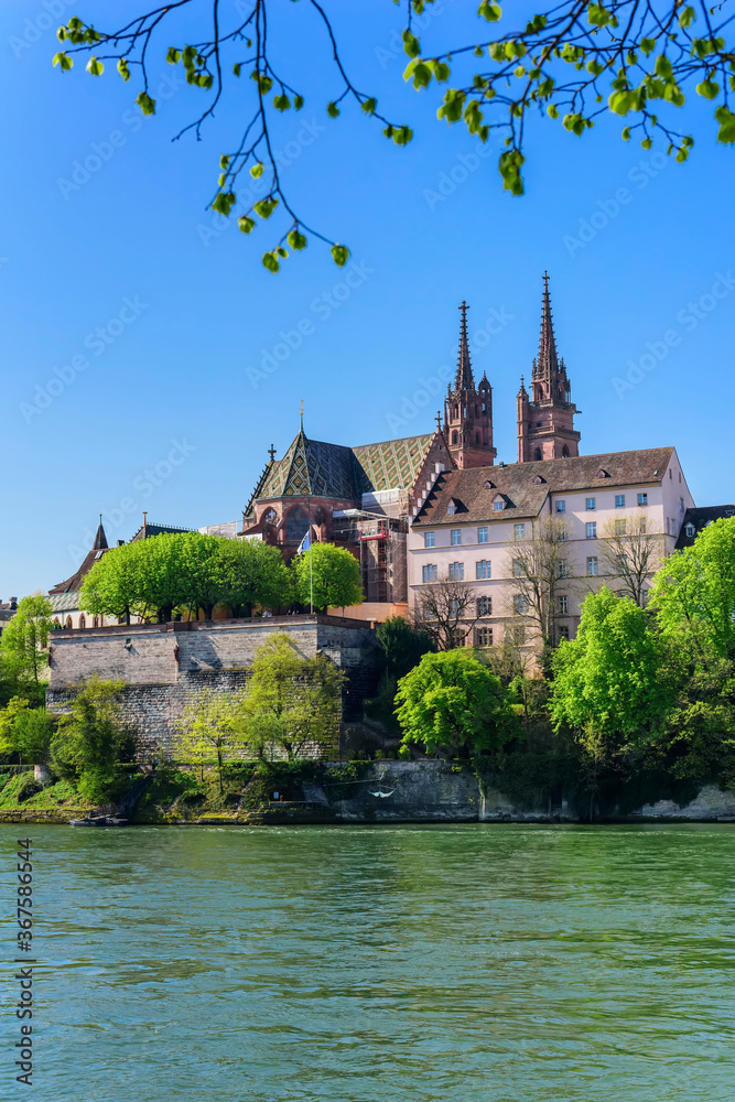 View of the  old part of the city of Basel and the Basel Minster Cathedral. Switzerland
