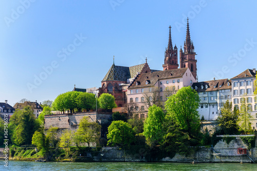 View of the old city and the Basel Minster cathedral . Basel, Switzerland
