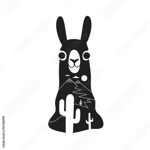 Vector illustration with funny llama head, cactus silhouettes and simple mountain landscape. Emblem template, black white print design with animal