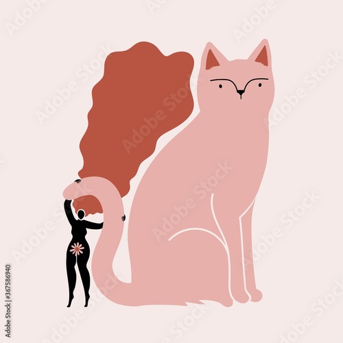 Abstract vector illustration with long hair woman and cat. Trendy female print design with domestic pet, home decoration poster, collage minimal graphic art