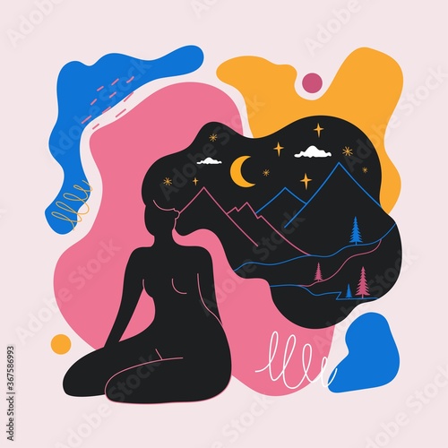 Abstract vector illustration with colored spots, long hair woman silhouette, mountain landscape, moon, stars and white clouds. Mystic isolated print design