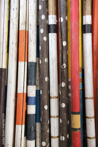 Group of colorful equestrian obstacles in row