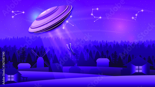 Abstract Sky Forest Background Silhouette With Flying Sauce Ufo Kidnapping Person NIght Vector Design Style