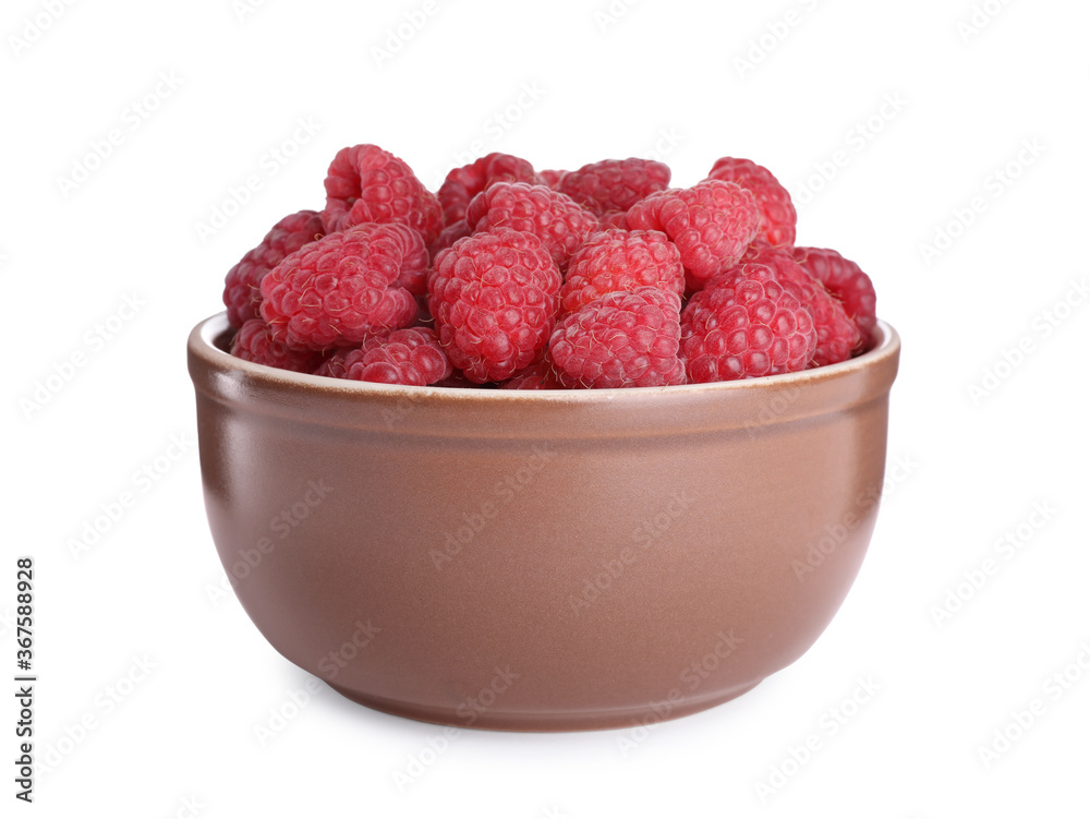 Fresh ripe raspberries in bowl isolated on white Fresh ripe raspberries in bowl isolated on white