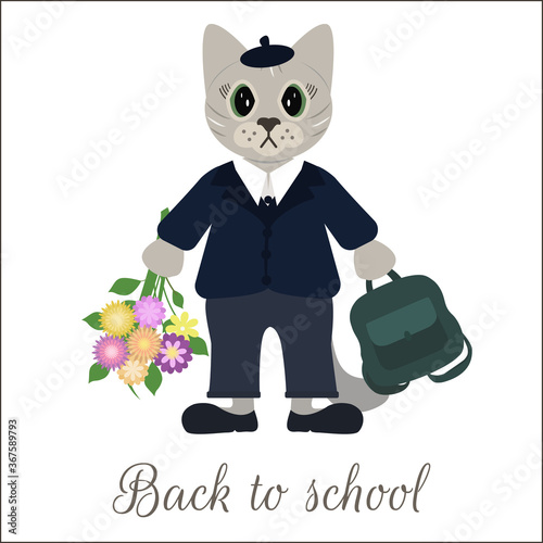 Sad and funny cat schoolboy first time going to school.