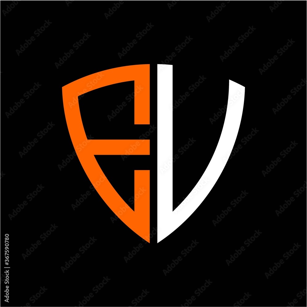 E V initials white orange shield with black background E V initials white orange shield with black background