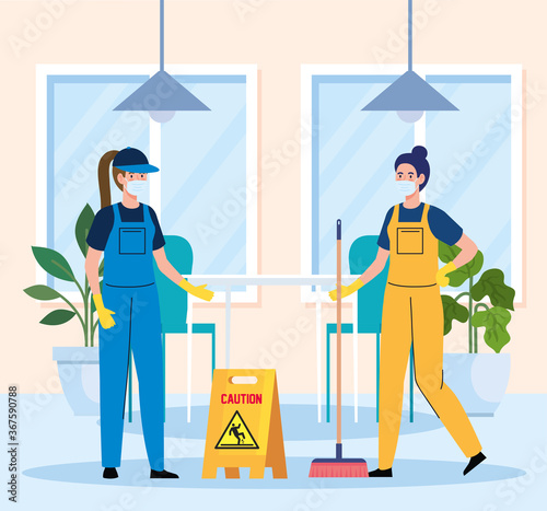 cleaning service, women workers of cleaning service wearing medical mask in the restaurant vector illustration design