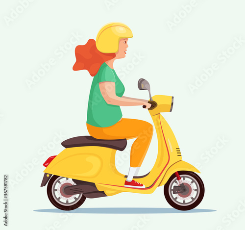 Young cute girl in a helmet rides a scooter. An adult uses a vehicle. Side view. Vector flat design character illustration.
