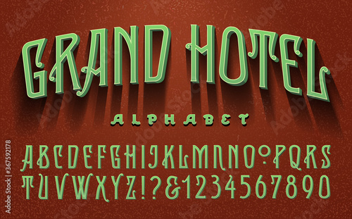 font, alphabet, 1920s, art, green, travel, 1930s, 3d, sign, tall, vector, vintage