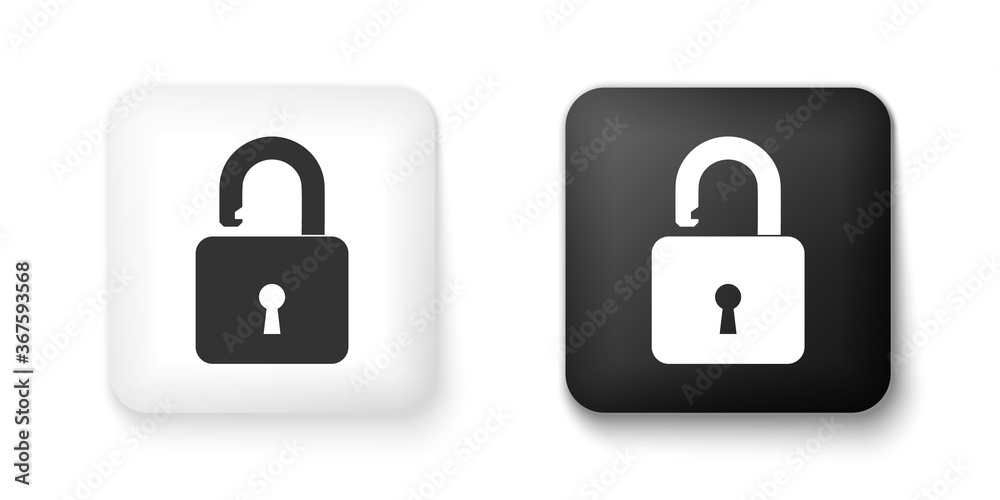 Black and white Open padlock icon isolated on white background. Opened lock sign. Cyber security concept. Digital data protection. Safety safety. Square button. Vector. Black and white Open padlock icon isolated on white background. Opened lock sign. Cyber security concept. Digital data protection. Safety safety. Square button. Vector.