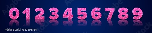 Pink glitter numbers with reflection and shadow in royal style isolated on blue background. Holiday decoration. Vector