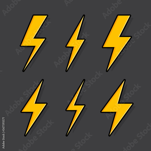 Thunder and Bolt Lighting Flash Icons Set. Flat Style on Dark Background.