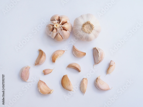 Top view of herbs and spices with garlic isolated on white background.
