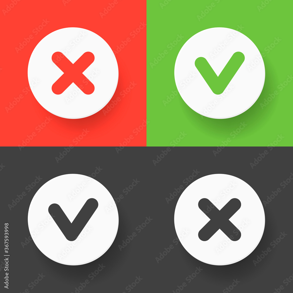 A set web buttons - green check mark, red cross and gray variants signs. Vector flat illustrations. A set web buttons - green check mark, red cross and gray variants signs. Vector flat illustrations.