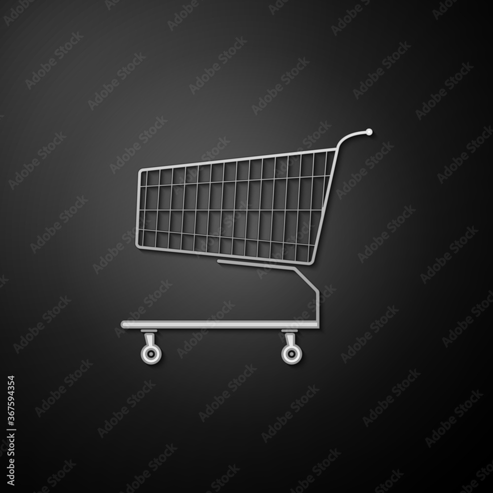 Silver Shopping cart icon isolated on black background. Online buying concept. Delivery service sign. Supermarket basket symbol. Long shadow style. Vector. Silver Shopping cart icon isolated on black background. Online buying concept. Delivery service sign. Supermarket basket symbol. Long shadow style. Vector.