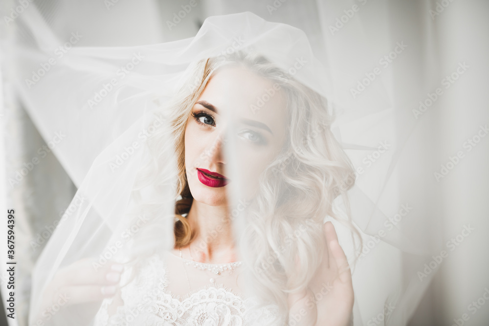 Beautiful bride wearing fashion wedding dress with feathers with luxury delight make-up and hairstyle, studio indoor photo shoot Beautiful bride wearing fashion wedding dress with feathers with luxury delight make-up and hairstyle, studio indoor photo shoot