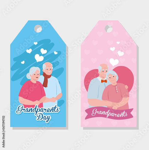 set cards of happy grand parents day with cute old people vector illustration design