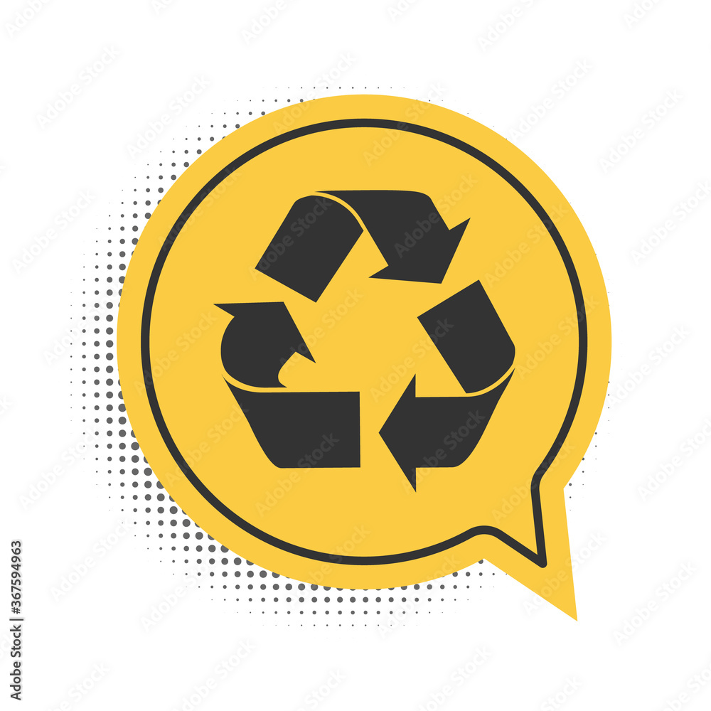 Black Recycle symbol icon isolated on white background. Circular arrow icon. Environment recyclable go green. Yellow speech bubble symbol. Vector. Black Recycle symbol icon isolated on white background. Circular arrow icon. Environment recyclable go green. Yellow speech bubble symbol. Vector.