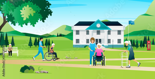 The elderly are resting and walking with the nurses in the nursing home. 