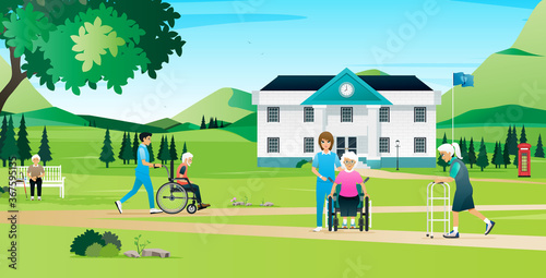The elderly are resting and walking with the nurses in the nursing home.
