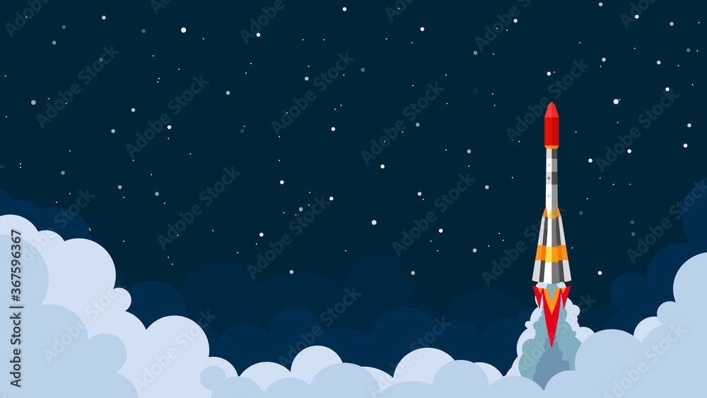 Space shuttle, rocket flying in space with stars on background