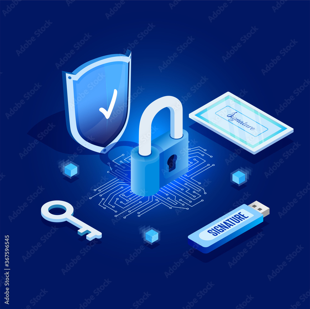 Isometric design. Vector illustration. Concept 3d, 2d graphics. Electronic signature. Remote documents signing. Virtual signature. Encryption technology. Digital key to personal data.