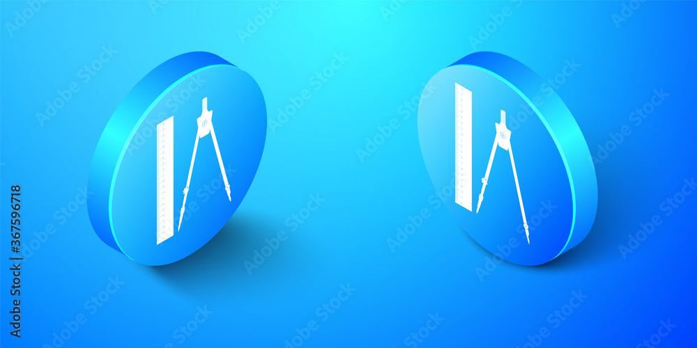 Isometric Ruler and drawing compass icon isolated on blue background. Drawing professional instrument. Geometric equipment. Education sign. Blue circle button. Vector. Isometric Ruler and drawing compass icon isolated on blue background. Drawing professional instrument. Geometric equipment. Education sign. Blue circle button. Vector.