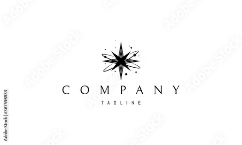 Vector logo on which an abstract image of a big bang in the form of stars and planets.