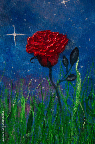 Oil painting. The little prince and the rose. Fabulous picture, fairy tale on canvas. Background.
