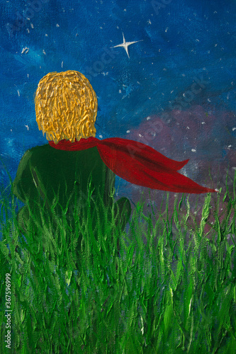 Oil painting. The little prince and the rose. Fabulous picture, fairy tale on canvas. Background.