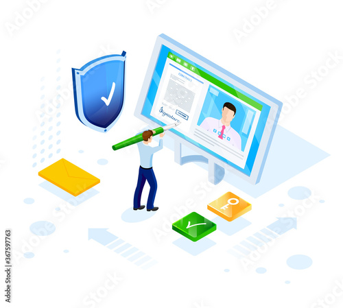 Isometric design. Vector illustration. Concept 3d, 2d graphics. Digital contract. Remote Business Transaction. Online signature of the contract. Signing of documents. Virtual signature. infographic.