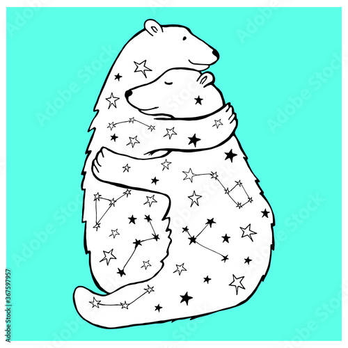 Cute black and white polar bear hugs with constellation isolated on blue background. Hand drawn animals illustration for card, poster, t-shirt, vall art.