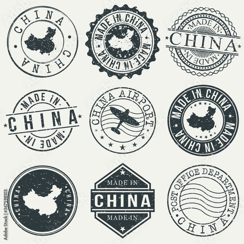 China Set of Stamps. Travel Stamp. Made In Product. Design Seals Old Style Insignia.