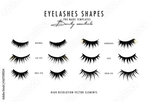 Eyelash extension vector illustration.Beauty faux  long eye lash procedure, woman treatment, girl face extention, makeup cosmetics poster with lashes shapes. Trendy glamotous lash kit