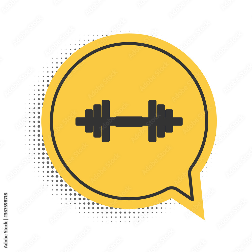 Black Dumbbell icon isolated on white background. Muscle lifting icon, fitness barbell, gym icon, sports equipment symbol, exercise bumbbell. Yellow speech bubble symbol. Vector. Black Dumbbell icon isolated on white background. Muscle lifting icon, fitness barbell, gym icon, sports equipment symbol, exercise bumbbell. Yellow speech bubble symbol. Vector.