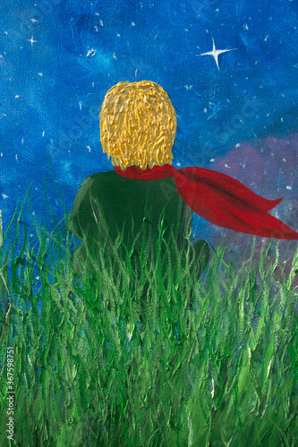 Oil painting. The little prince and the rose. Fabulous picture, fairy tale on canvas. Background.