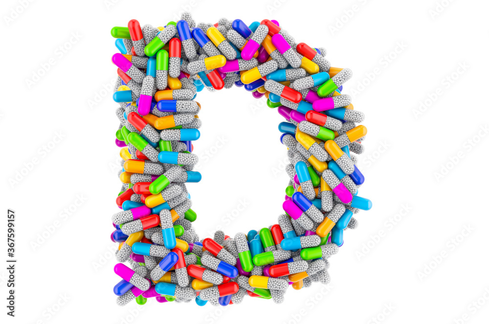 Letter D from colored capsules. 3D rendering