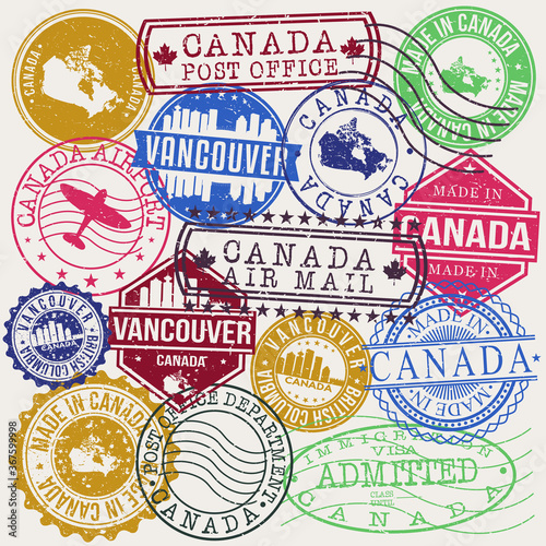 Vancouver Canada Set of Stamps. Travel Stamp. Made In Product. Design Seals Old Style Insignia.