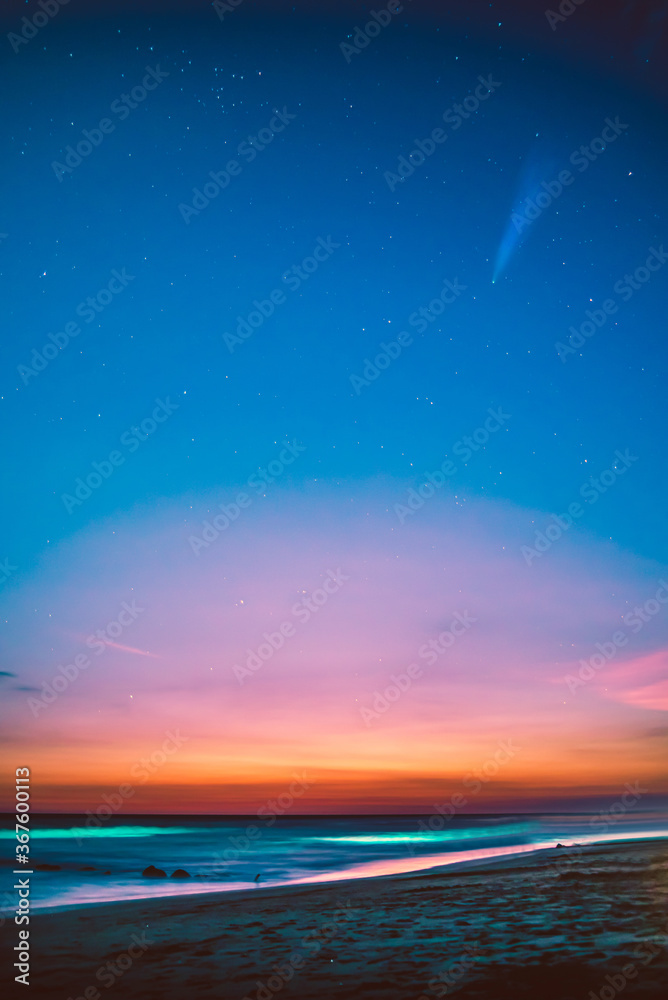 Concept: Serendipity. Neowise Comet. Sunset over the beach.