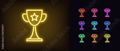 Neon award cup icon. Glowing neon goblet sign, set of trophy