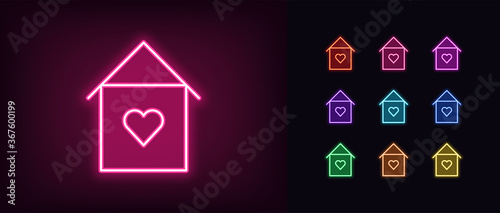 Neon lovely home icon. Glowing neon house sign with heart, sweet home