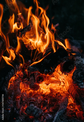 Bright red flames of fire. Ashes and coals. Flames on a dark background. Hot red hot coals, barbecue place. Near the fire.